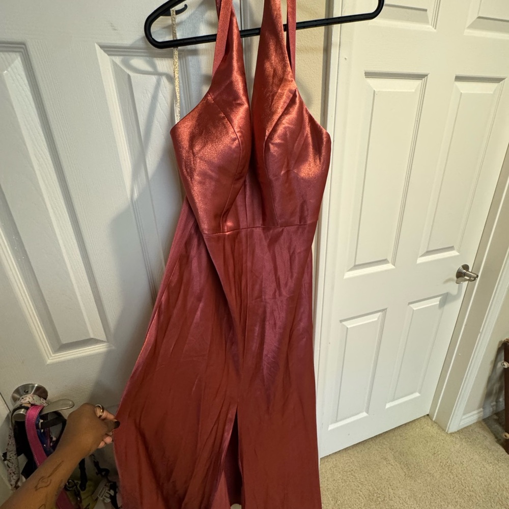 Jenny Yoo Metallic Copper Halter Dress